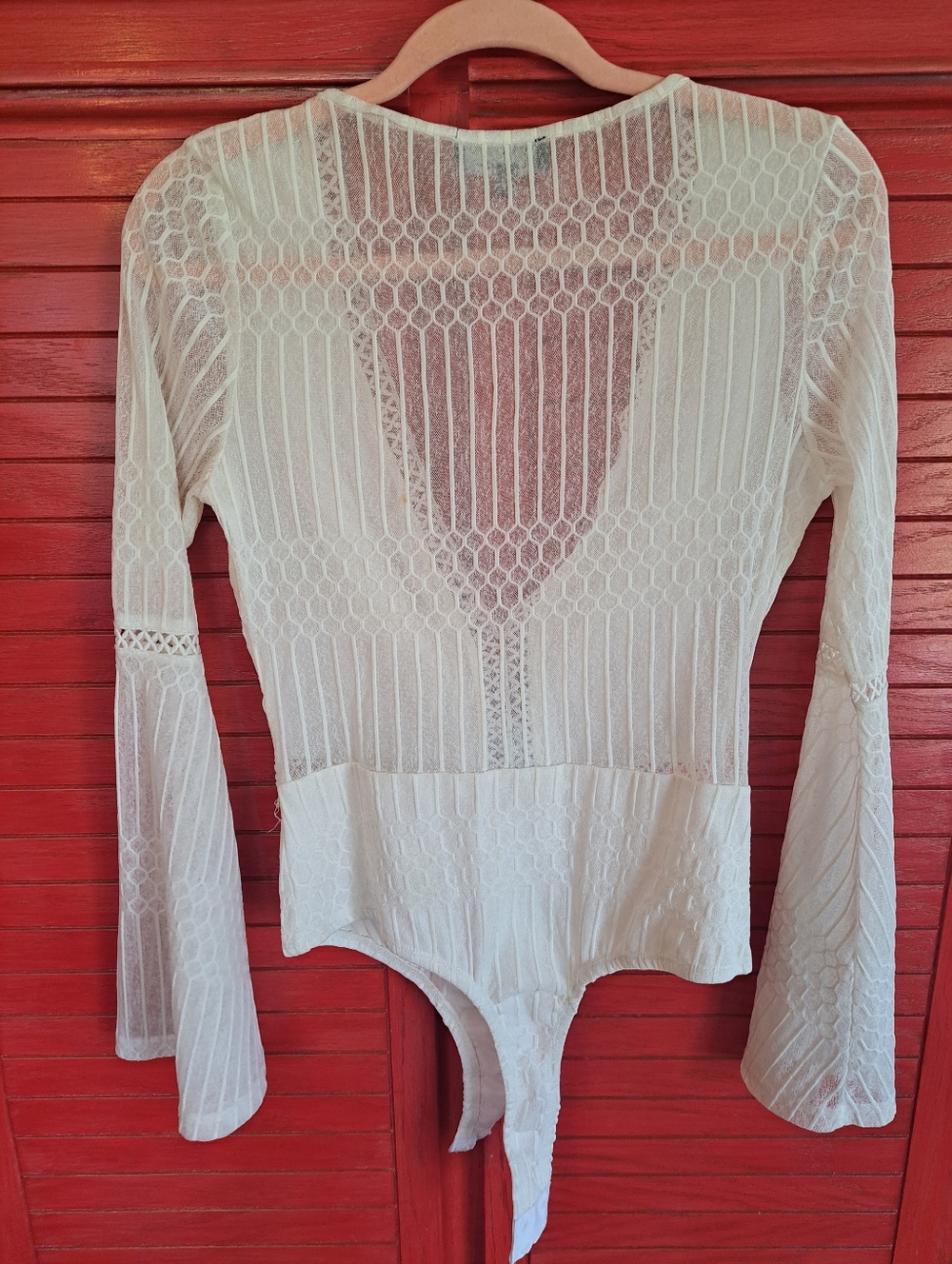 Lulu's White M bodysuit Blouse Sheer Long Flare Sleeves - Picture 5 of 5